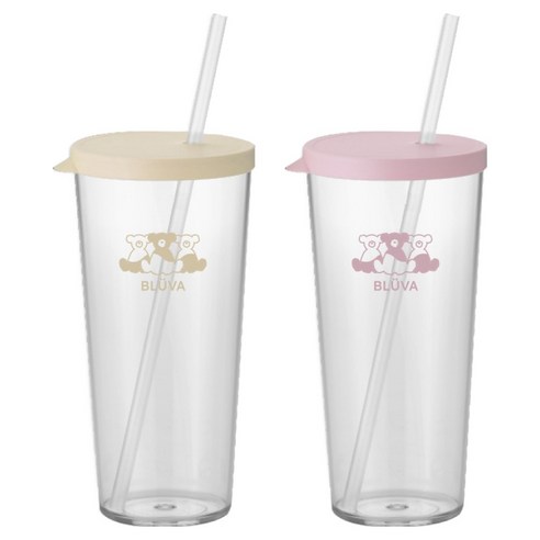 블루바 트라이탄 투명 심플 빨대 텀블러 670ml x 2종 세트, 아이보리 옐로우, 파스텔 핑크, 1세트
