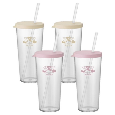 블루바 트라이탄 투명 심플 빨대 텀블러 670ml x 2종 x 2p 세트, 아이보리 옐로우, 파스텔 핑크, 1세트