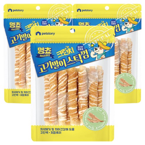 펫스토리 멍쵸 강아지 크런치 고기말이스틱껌, 3개, 200g, 황태