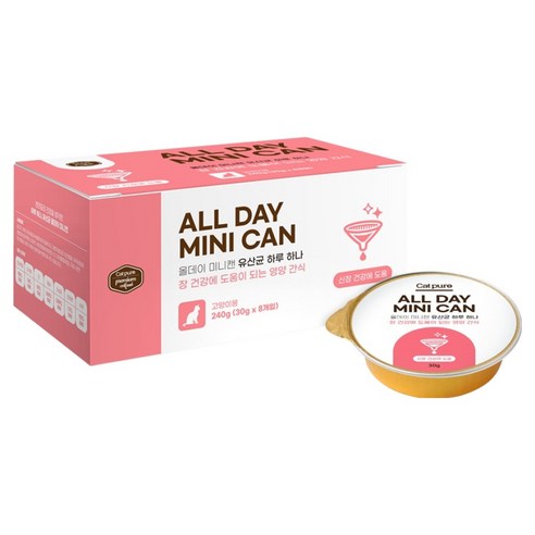 캣퓨어 고양이 올데이 유산균 미니 장건강 신장관리 도움 기능성 습식 간식캔, 8개, 30g, 혼합맛(치킨/연어)