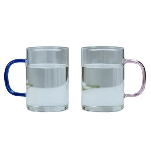 오템 내열 유리 손잔이 포인트 머그컵 300ml 2P, 블루, 핑크, 1세트