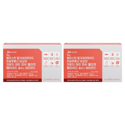 JW중외제약 먹는 엘라스틴 밀크세라마이드 히알루론산 비오틴 저분자 어린 피쉬 콜라겐 펩타이드 플러스 비타민C 30p, 60g, 2개