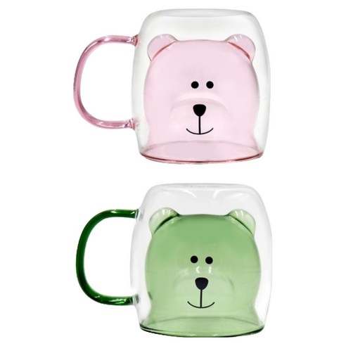 라임올리브 곰돌이 컬러 이중머그컵 250ml x 2종 세트, 로즈핑크, 라이트그린, 1세트