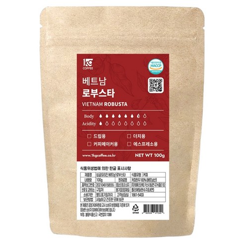 일킬로커피 싱글오리진 로부스타 소용량 원두, 100g, 1개, 홀빈(분쇄안함)