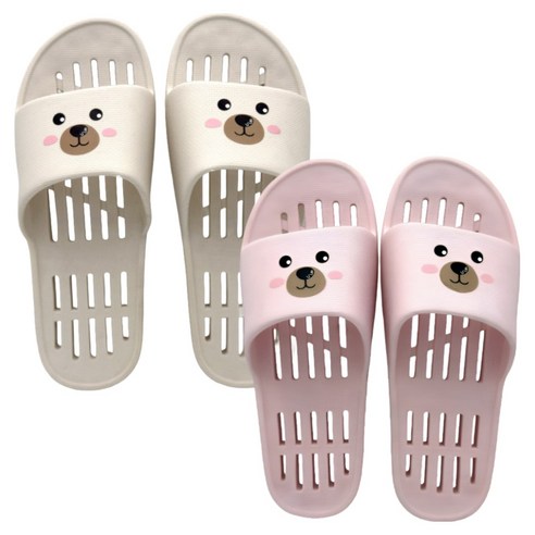 유업 KC인증 국산 발등낮은 미끄럼방지 물빠짐 PVC 욕실화 귀여운 시크베어, 크림, 핑크, 2개