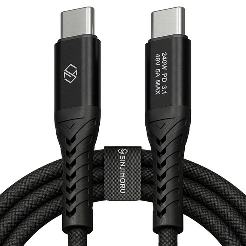 신지모루 240W 초고출력 C타입-C타입 우븐 PRO PD3.1 초고속 충전 케이블 + 단자 보호캡 + 케이블 스트랩, 2m, 블랙, 1개