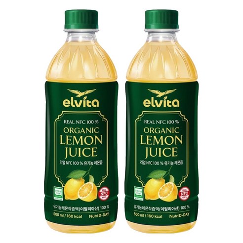 뉴트리디데이 엘비타 리얼 NFC 100% 유기농 레몬즙, 500ml, 2개