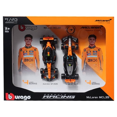 브라고 1:43 맥라렌 MCL39 월드챔피언 F1머신 + 4번 드라이버 랜드 노리 V 세트, 혼합색상, 1세트