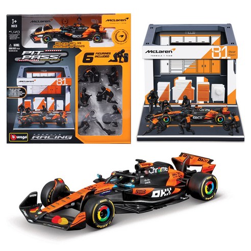 브라고 피트 패스 1:43 F1 차고조립 + 81번 레이싱카 맥라렌 MCL39 세트, 혼합색상, 1세트
