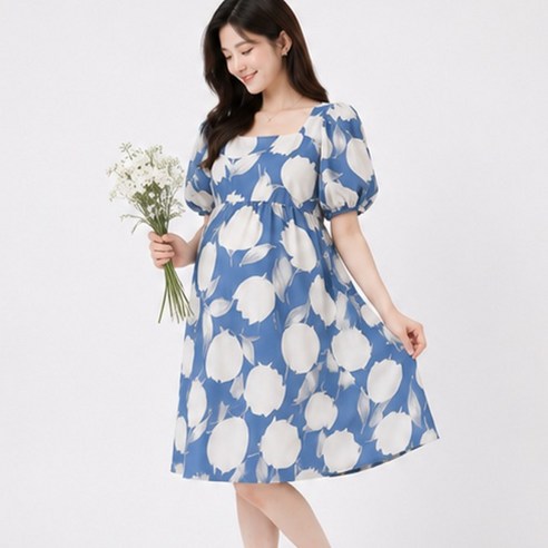 아이캔심플 블루럽 플라워 퍼프소매 임산부 원피스