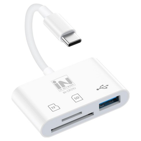 인네트워크 3in1 USB / SD /MicroSD(TF) 지원 USB C타입 OTG 케이블형 멀티 카드리더기, 화이트, 1개, IN-CR31U