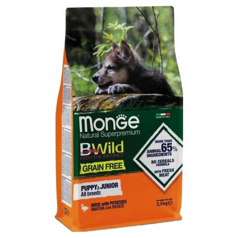 몬지 퍼피 주니어 도그 비와일드 그레인프리 건식사료, 1개, 2.5kg, 오리