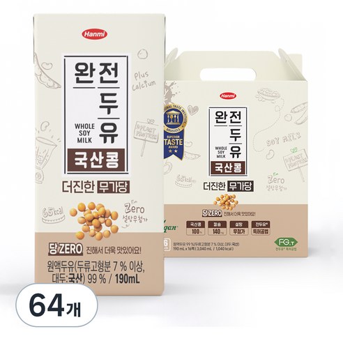 한미 완전두유 더진한 국산콩 무가당, 190ml, 64개