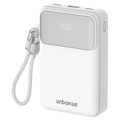 어반어스 PD 22.5W 고속 3포트 초경량 보조배터리 20000mAh + 빌트인 C to C 케이블 세트, 화이트, UB-PA20ST23W