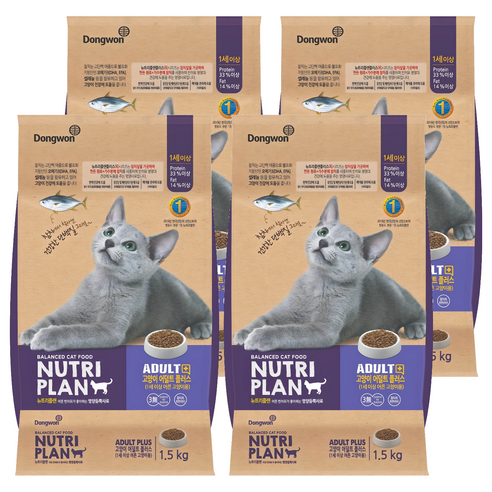 동원뉴트리플랜 어덜트 고양이 플러스 건식사료, 참치, 1.5kg, 4개
