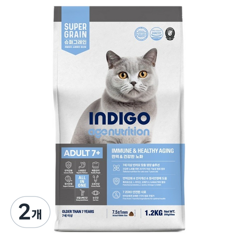 인디고 어덜트 7 플러스 에이지뉴트리션 포 캣 건식사료, 2개, 1.2kg, 가수분해 연어