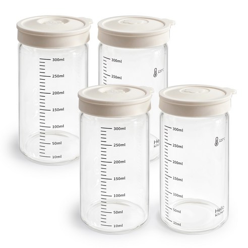 헬로키친 내열유리 실리콘캡 눈금 유리병, 300ml, 4개