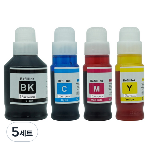 탑젯 캐논 호환 무한 리필 잉크 4종 세트 GI-90, 검정, 파랑, 빨강, 노랑, 5세트