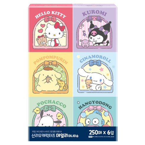 ITC 산리오캐릭터즈 데일리 미니 천연펄프 미용티슈 2겹, 6개, 250매