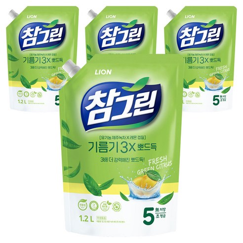 참그린 레몬 녹차 뽀드득 어드밴스 주방세제 리필, 1.2L, 4개