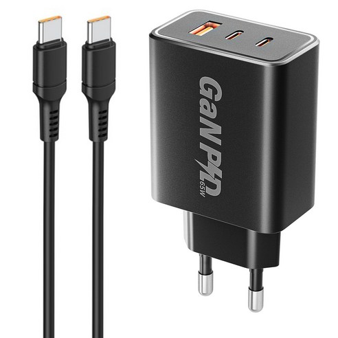 YINTO GaN 65W c타입 고속 충전기 3포트 PD3.0 PPS + C TO C 1M 100w 케이블 세트, 1세트, 블랙