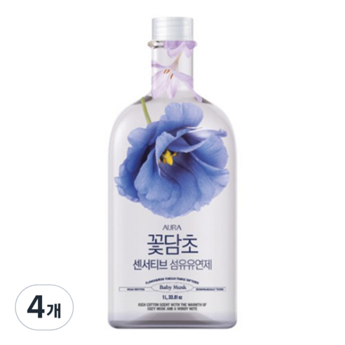 [비건라이프] 아우라 유아용 꽃담초 센서티브 섬유유연제 베이비머스크향 본품, 1L, 4개