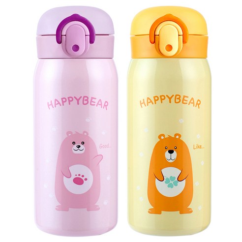 해피베어 원터치 보온보냉병 350ml x 2종 세트, 핑크 + 옐로우, 1세트 핑크 + 옐로우, 1세트