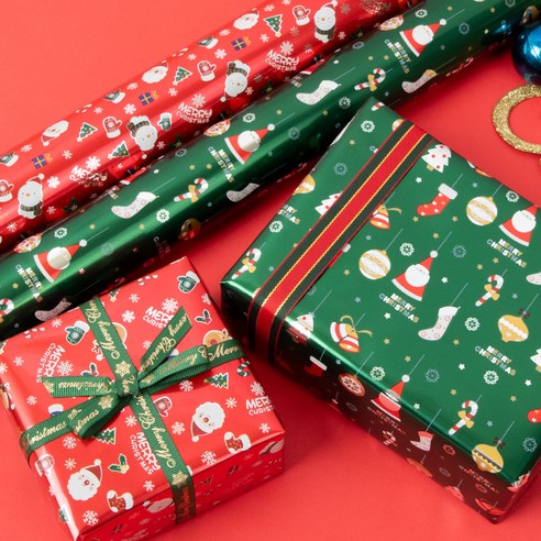 좋은기븐 빨간코 산타와 루돌프 + 산타와 양말 메탈롤 포장지 세트, 레드, 그린, 1세트