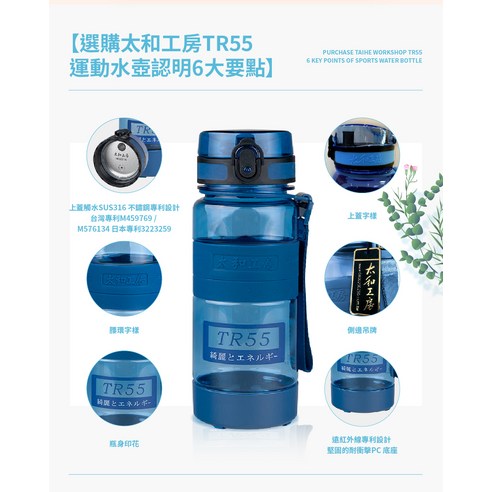 太和工房TR55系列運動水壺, SUS316不鏽鋼上蓋, 深藍, 350ml, 1個- 運動
