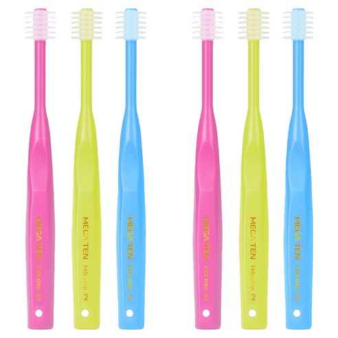 메가텐 키즈 360도 칫솔 2단계, 스카이블루 + 핑크 + 옐로우, 2개, 3개입