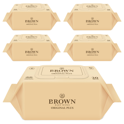 브라운 오리지널 플러스 도톰한 물티슈 엠보싱 저자극 휴대캡형, 55g, 20매, 5개
