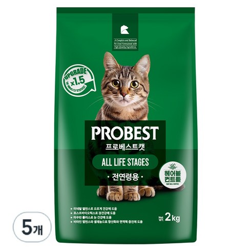 프로베스트 캣 기능성 사료, 헤어볼+장건강, 2kg, 5개