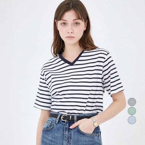 ELLE PARIS 여성용 브이넥 스트라이프 반팔 티셔츠