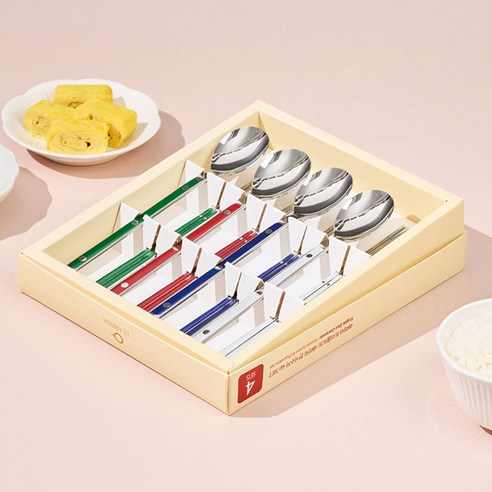 라리사 트리플도트 세라믹 한식수저 4인 세트, 화이트, 레드, 네이비, 그린, 1세트, 숟가락 4p + 젓가락 4p