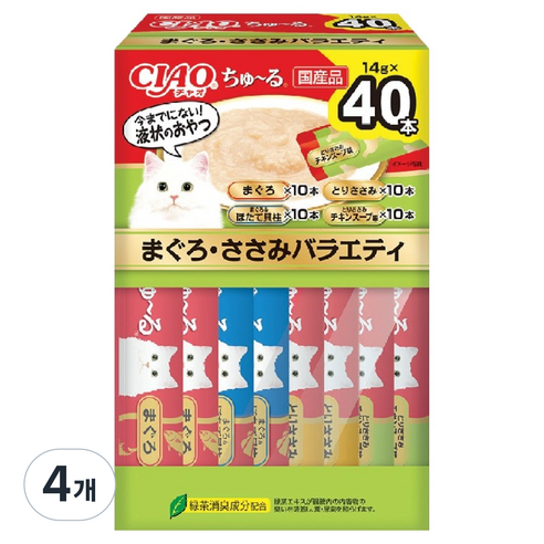 챠오츄르 고양이 버라이어티 짜먹는 간식 SC-424 40p 박스타입, 혼합맛(참치/닭가슴살), 560g, 4개