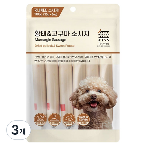 바우와우 무마진 강아지 소시지 부드러운 간식 6p, 3개, 180g, 혼합맛(황태/고구마)
