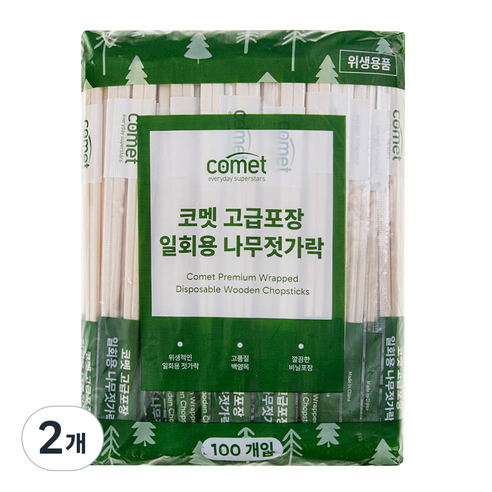 코멧 고급포장 일회용 나무젓가락, 2개, 100개입