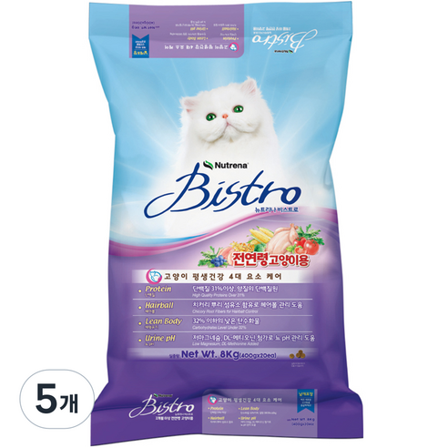 뉴트리나 전연령 고양이 비스트로 기능성 사료, 헤어볼, 8kg, 5개