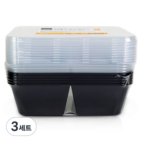생활미소 내열블랙 사각용기 1칸 650ml 5p + 2칸 650ml 5p + 뚜껑 10p 세트, 3세트