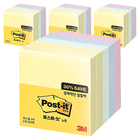 포스트잇 노트 알뜰팩 76 x 76mm 654-5A, 혼합색상, 500매입, 4개