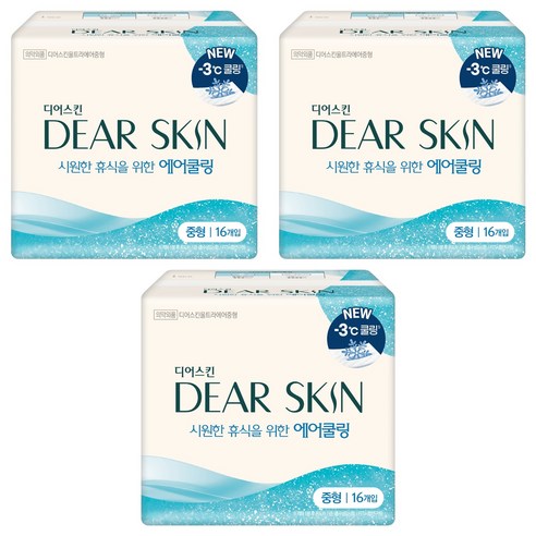 디어스킨 에어쿨링 생리대 날개형, 중형, 16개입, 3세트