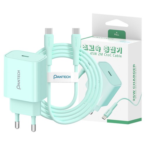 팬택 25W 1포트 파스텔 초고속충전기+ 45W 2m C to C 케이블 세트, 1세트, 민트