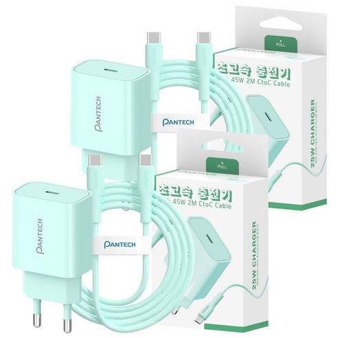 팬택 1포트 파스텔 초고속 충전기 25w + C to C 케이블 45w 2m 세트, 2세트, 민트