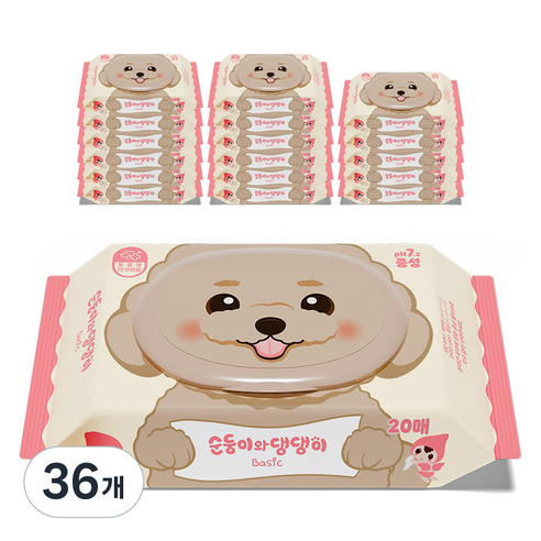 순둥이 와 댕댕이 반려동물 베이직 중성 물티슈 휴대 캡형, 20개입, 36개
