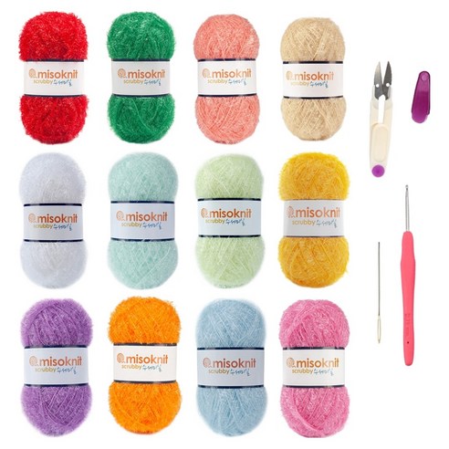 미소털실 펄 수세미실 80g x 12종 + 코바늘 + 쪽가위 + 돗바늘 세트, 혼합색상, 1개