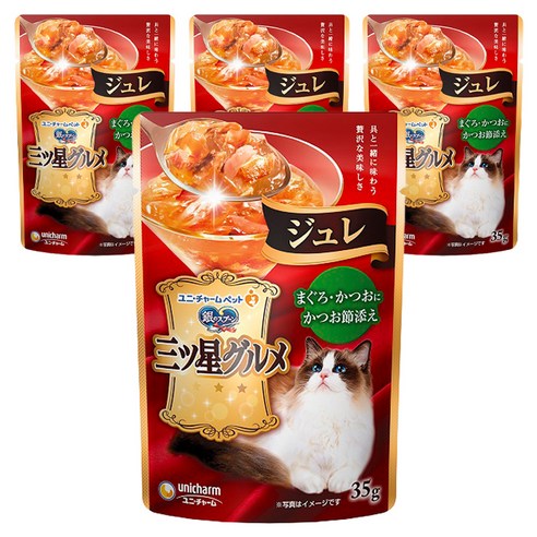 유니참긴노스푼 고양이 미쓰보시 구루메 쥬레 습식 파우치, 혼합맛(참치/가다랑어포), 35g, 4개