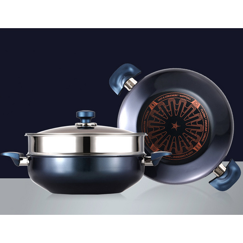 해피콜 클래식 다이아몬드 블루 파티웍 + 뚜껑 + 찜기, 28cm, 1세트 후기 분석 - 실제 크기 체감