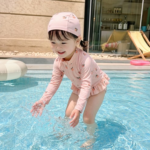 스타빈 여아용 반집업패턴 긴팔수영복 + 모자 세트
