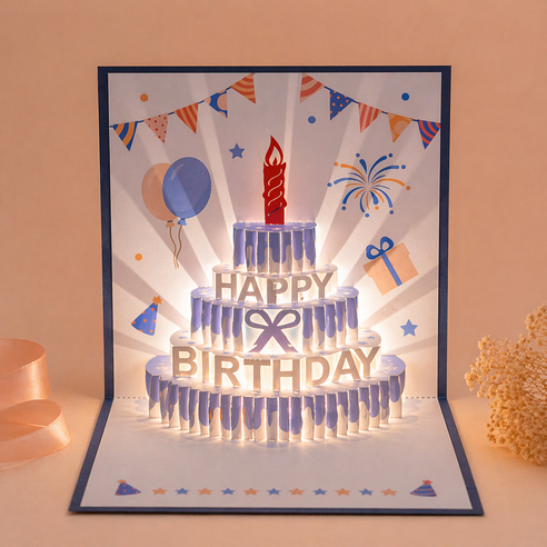 윰스 생일축하 선물 해피벌스데이 LED 3D 팝업 카드, 네이비블루, 1개