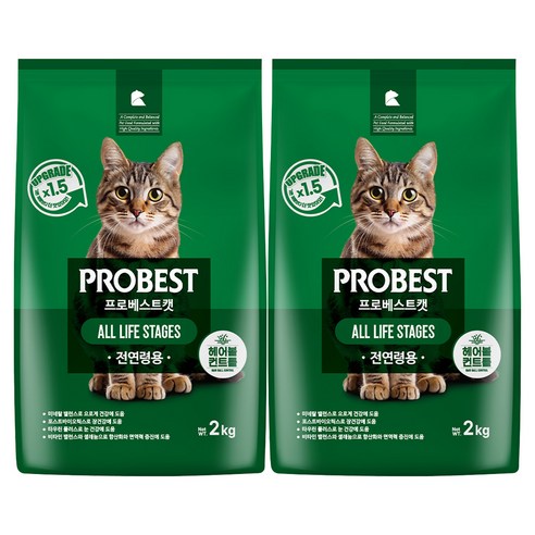 프로베스트 고양이 그린 전연령 기능성 사료, 헤어볼+장건강, 2kg, 2개